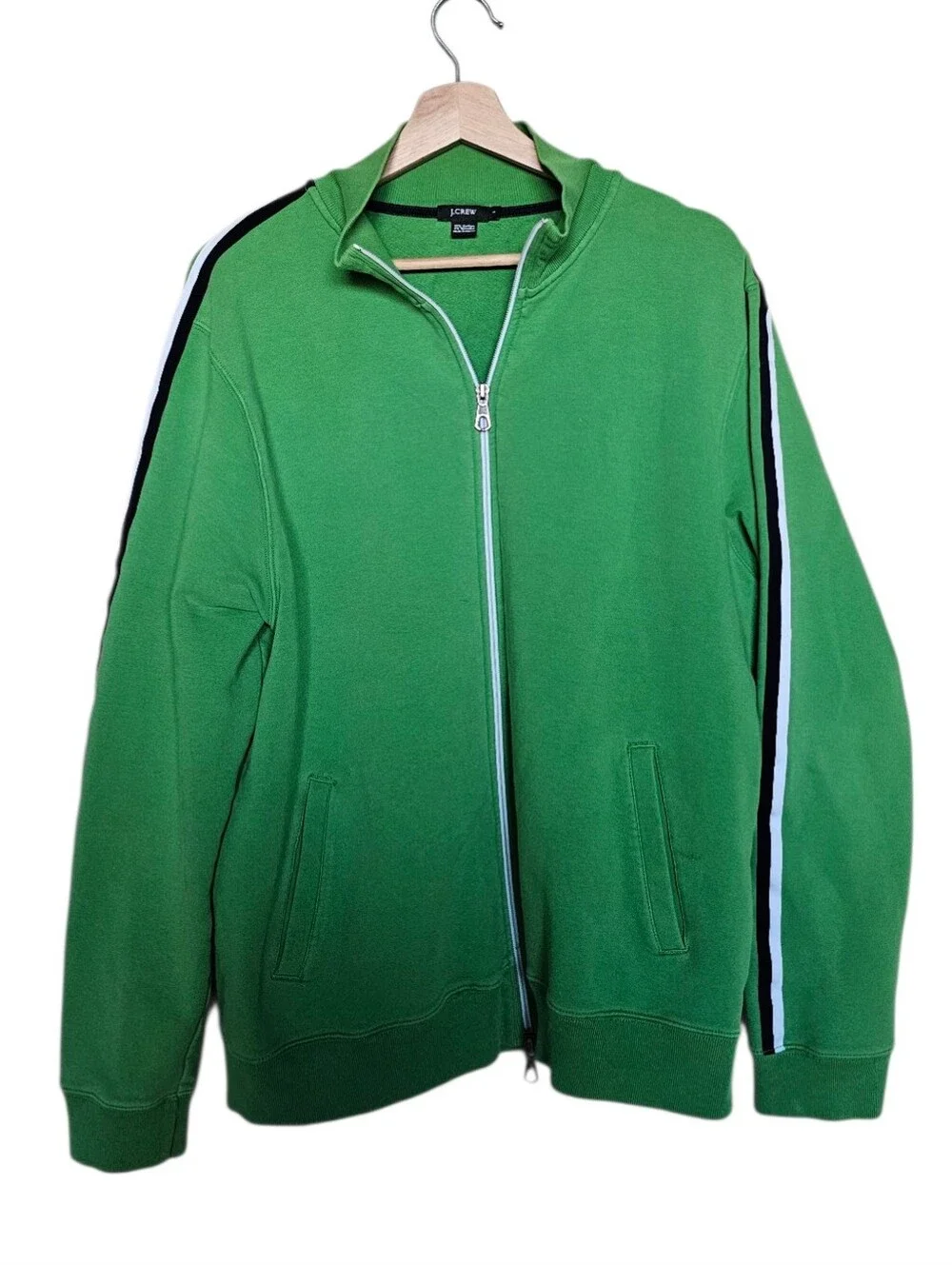J. Crew Green White with Navy Sleeve Stripe Detail Zip Up Cotton Jacket Size L